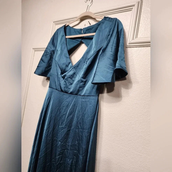 Lulu's Elegant Confidence Teal Satin Flutter Sleeve Cutout Maxi Dress Wedding - Picture 7 of 11